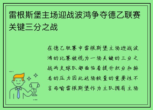 雷根斯堡主场迎战波鸿争夺德乙联赛关键三分之战