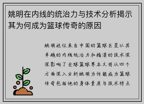 姚明在内线的统治力与技术分析揭示其为何成为篮球传奇的原因